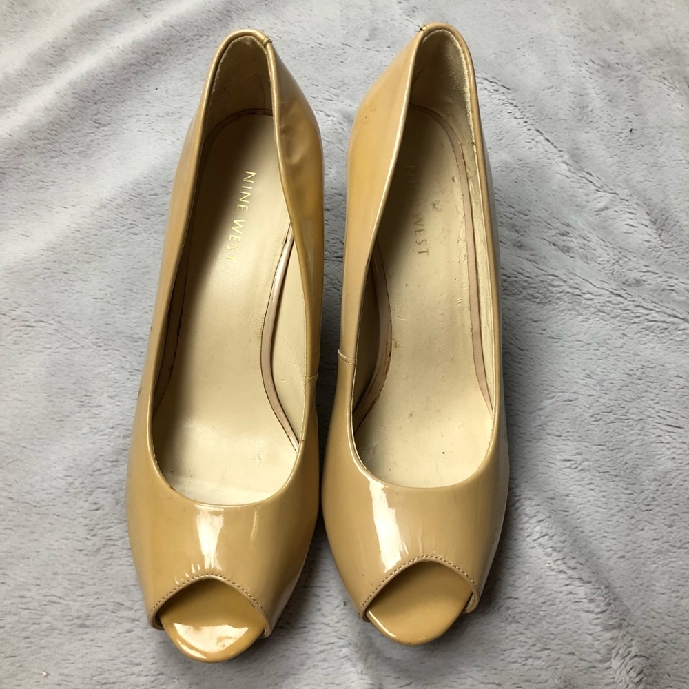 Nine West Nude Patent Open Toe Pumps